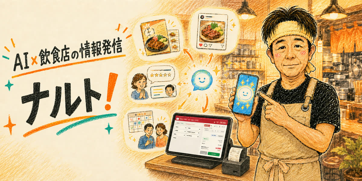 AI × 飲食店の情報発信 ナルト。現役の焼肉店主が、レジ・SNS投稿・口コミ返信をAIで回している様子のイラスト